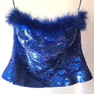 Vintage royal blue corset sequin top fur trim 10